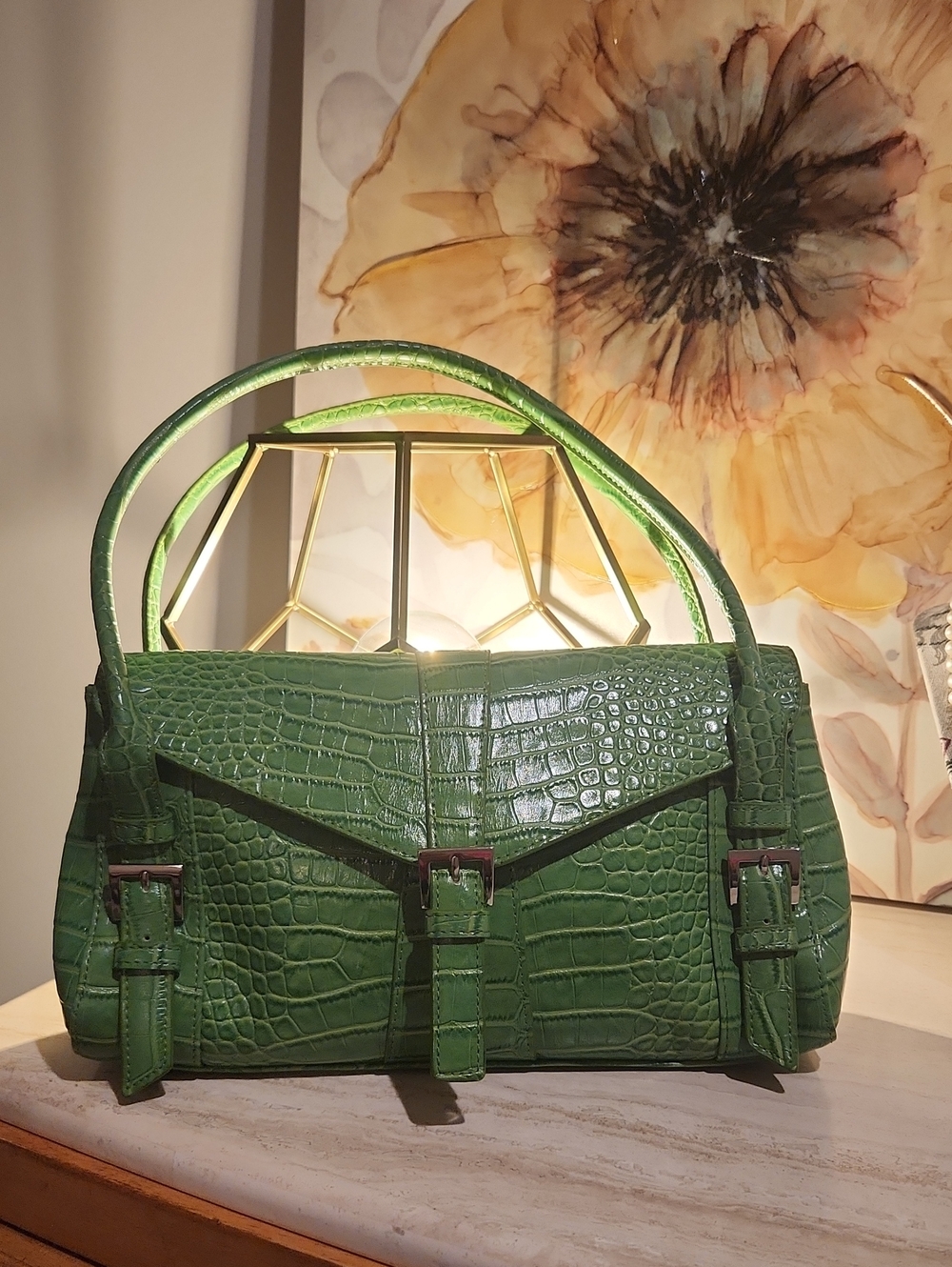 BCBG Green Croc-Embossed Satchel with Buckle Accents